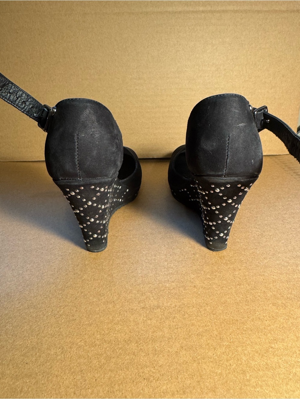 Simple Black Studded Wedge Sandals with Ankle Strap - Picture 6 of 7